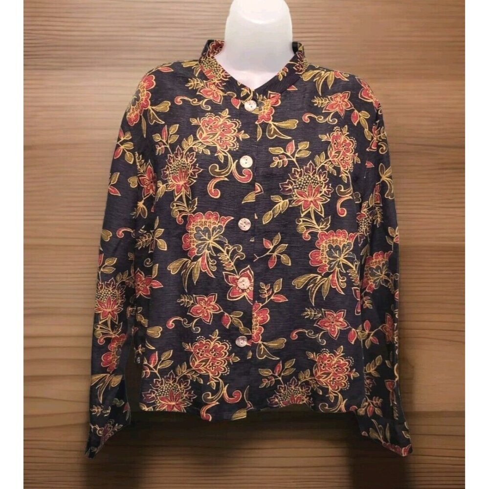 Nomadic Traders Silk Linen Blend Button Up Top Black Red Gold Floral Sz XL